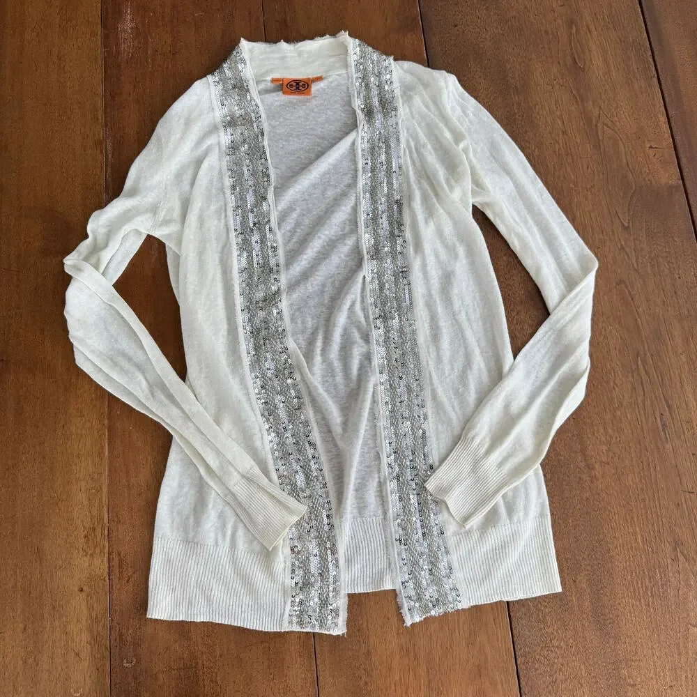 Tory Burch Open Front Long Cardigan Linen Cotton Sequin Thin Knit Sweater Sz Sml